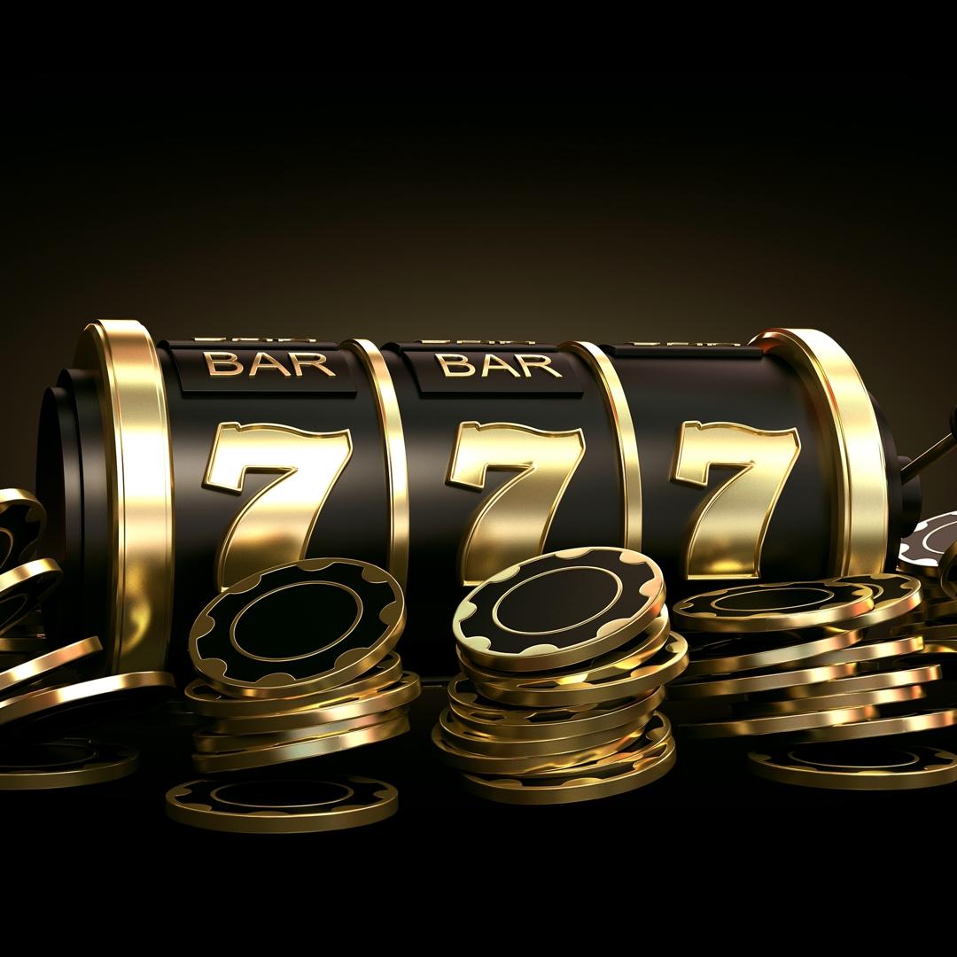 A 3D-rendered image of a black and gold slot reel with three sevens on it surrounded by gold and black casino chips. There’s a slot lever on the right side of the slot reel.